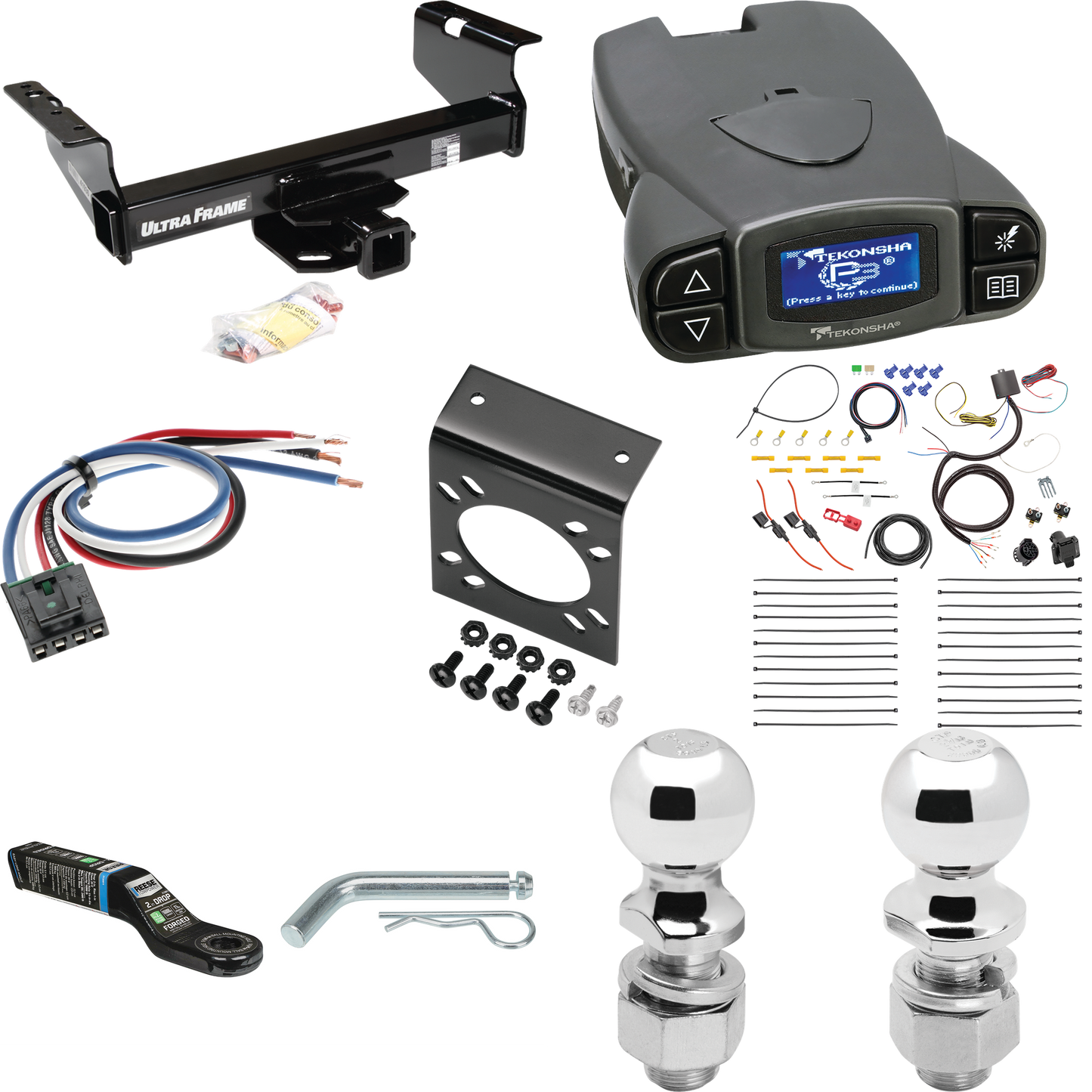 Fits 2001-2007 GMC Sierra 3500 Trailer Hitch Tow PKG w/ Tekonsha Prodigy P3 Brake Control + Generic BC Wiring Adapter + 7-Way RV Wiring + 2" & 2-5/16" Ball & Drop Mount (For (Classic), Cab & Chassis, w/34" Wide Frames Models) By Draw-Tite