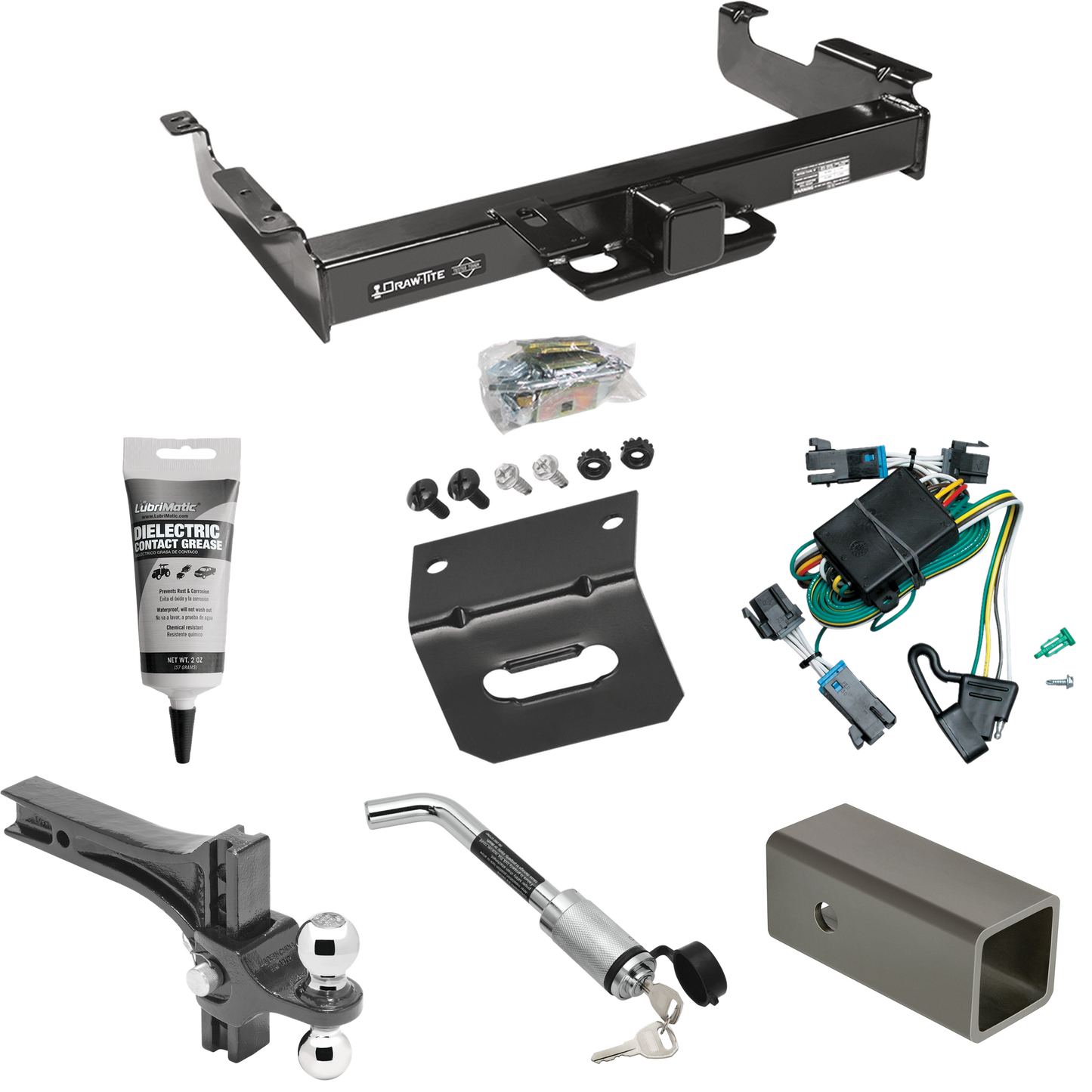 Fits 2000-2002 Chevrolet Express 2500 Trailer Hitch Tow PKG w/ 4-Flat Wiring Harness + 2-1/2" to 2" Adapter 6" Length + Adjustable Drop Rise Dual Ball Ball Mount 2" & 2-5/16" Trailer Balls + Hitch Lock + Wiring Bracket + Electric Grease By Draw-Tite