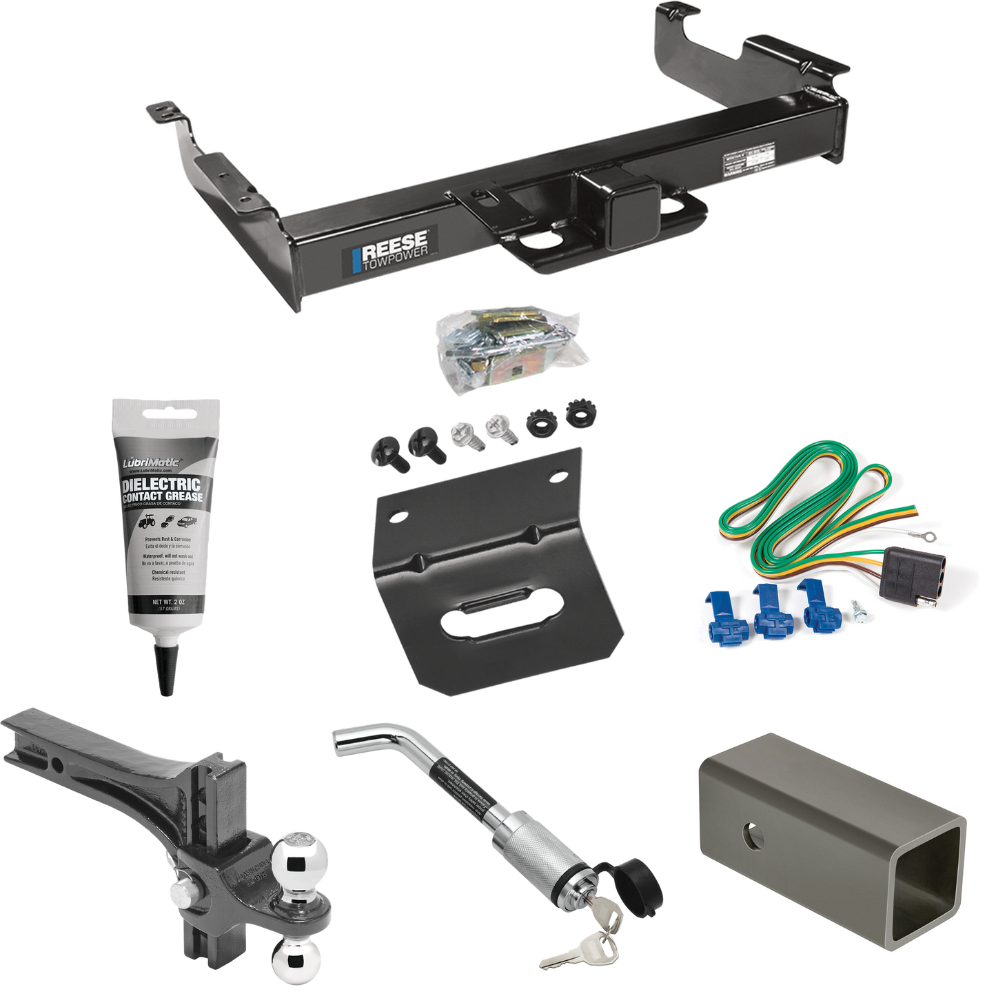Fits 1996-1999 Chevrolet Express 3500 Trailer Hitch Tow PKG w/ 4-Flat Wiring Harness + 2-1/2" to 2" Adapter 6" Length + Adjustable Drop Rise Dual Ball Ball Mount 2" & 2-5/16" Trailer Balls + Hitch Lock + Wiring Bracket + Electric Grease By Reese Towp