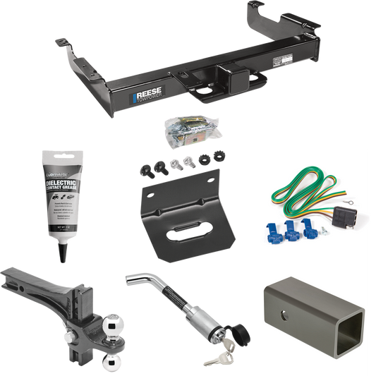 Fits 1996-1999 Chevrolet Express 3500 Trailer Hitch Tow PKG w/ 4-Flat Wiring Harness + 2-1/2" to 2" Adapter 6" Length + Adjustable Drop Rise Dual Ball Ball Mount 2" & 2-5/16" Trailer Balls + Hitch Lock + Wiring Bracket + Electric Grease By Reese Towp