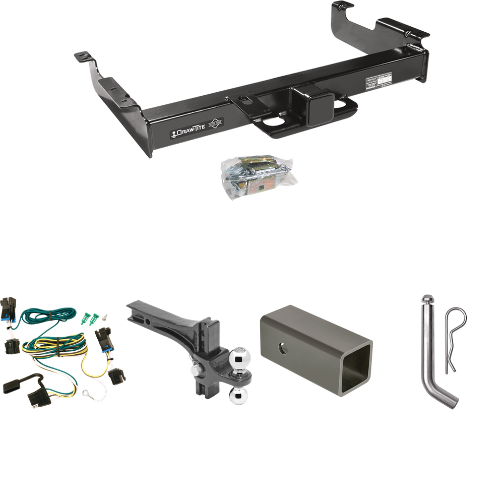 Fits 2003-2023 Chevrolet Express 2500 Trailer Hitch Tow PKG w/ 4-Flat Wiring Harness + 2-1/2" to 2" Adapter 6" Length + Adjustable Drop Rise Dual Ball Ball Mount 2" & 2-5/16" Trailer Balls + Pin/Clip By Draw-Tite