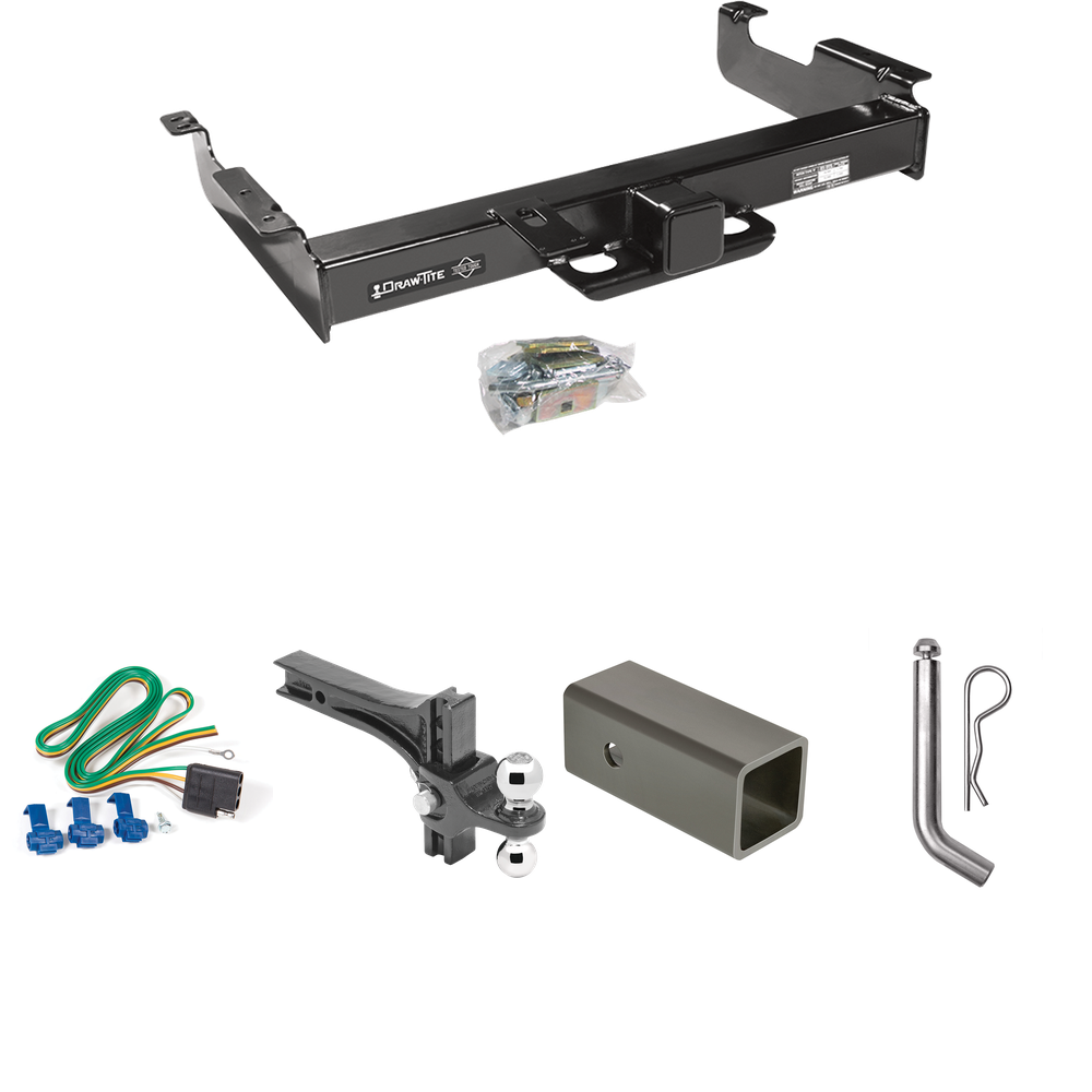 Fits 1996-1999 GMC Savana 2500 Trailer Hitch Tow PKG w/ 4-Flat Wiring Harness + 2-1/2" to 2" Adapter 6" Length + Adjustable Drop Rise Dual Ball Ball Mount 2" & 2-5/16" Trailer Balls + Pin/Clip By Draw-Tite