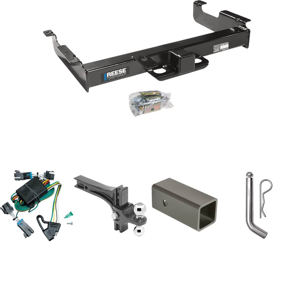 Fits 2000-2002 Chevrolet Express 3500 Trailer Hitch Tow PKG w/ 4-Flat Wiring Harness + 2-1/2" to 2" Adapter 6" Length + Adjustable Drop Rise Dual Ball Ball Mount 2" & 2-5/16" Trailer Balls + Pin/Clip By Reese Towpower