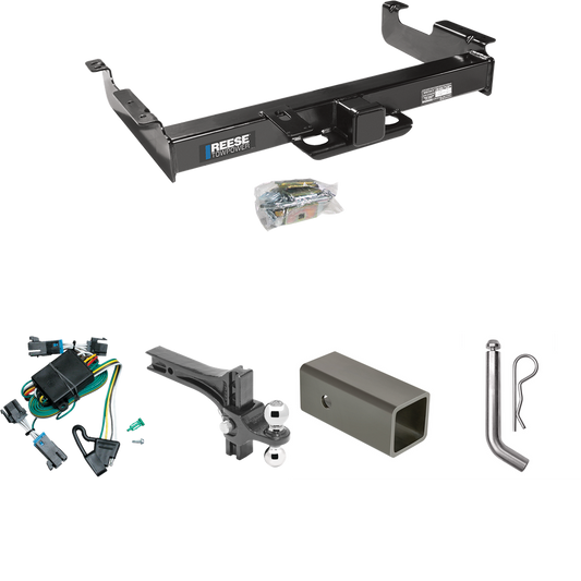 Fits 2000-2002 Chevrolet Express 3500 Trailer Hitch Tow PKG w/ 4-Flat Wiring Harness + 2-1/2" to 2" Adapter 6" Length + Adjustable Drop Rise Dual Ball Ball Mount 2" & 2-5/16" Trailer Balls + Pin/Clip By Reese Towpower