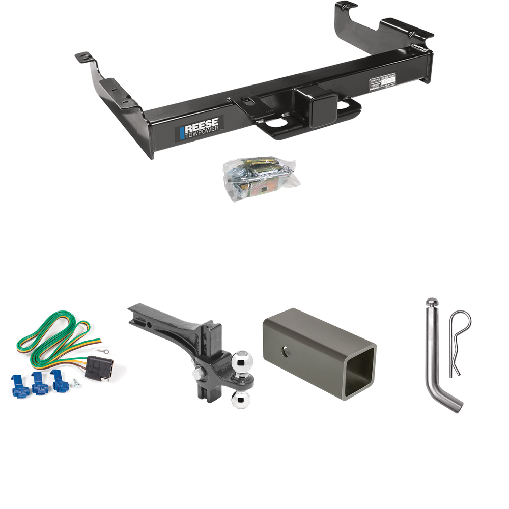 Fits 1996-1999 Chevrolet Express 2500 Trailer Hitch Tow PKG w/ 4-Flat Wiring Harness + 2-1/2" to 2" Adapter 6" Length + Adjustable Drop Rise Dual Ball Ball Mount 2" & 2-5/16" Trailer Balls + Pin/Clip By Reese Towpower