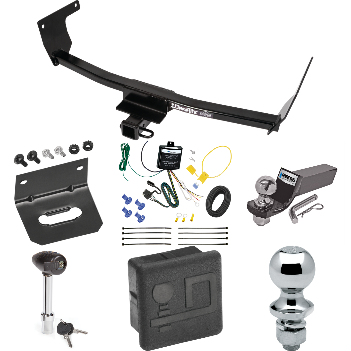 Fits 2021-2023 Lexus NX350 Trailer Hitch Tow PKG w/ 4-Flat Wiring + Starter Kit Ball Mount w/ 2" Drop & 2" Ball + 1-7/8" Ball + Wiring Bracket + Hitch Lock + Hitch Cover (Excludes: F Sport Models) By Draw-Tite