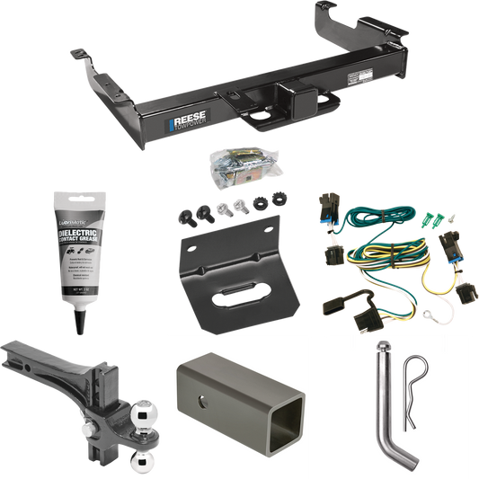 Fits 2003-2023 GMC Savana 2500 Trailer Hitch Tow PKG w/ 4-Flat Wiring Harness + 2-1/2" to 2" Adapter 6" Length + Adjustable Drop Rise Dual Ball Ball Mount 2" & 2-5/16" Trailer Balls + Pin/Clip + Wiring Bracket + Electric Grease By Reese Towpower