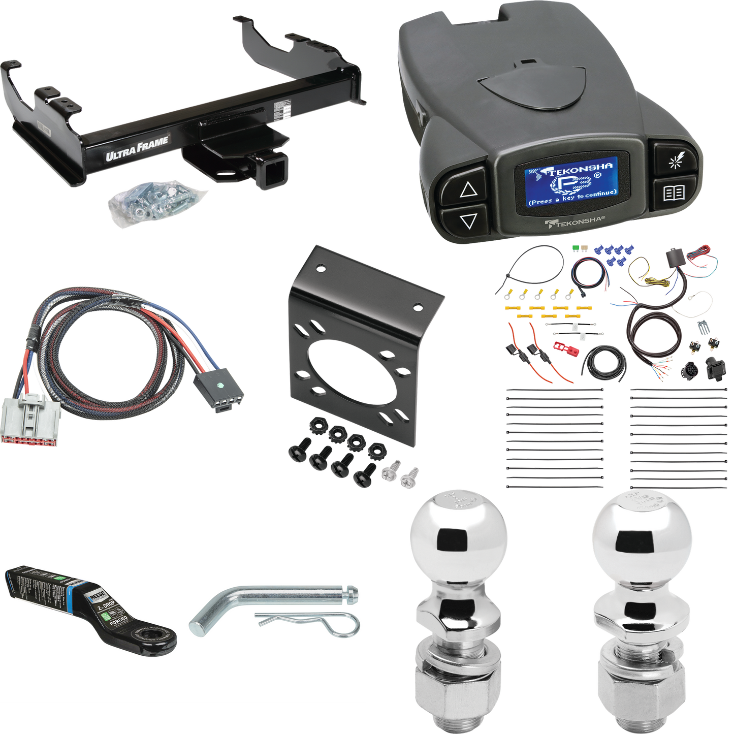 Fits 2020-2023 Chevrolet Silverado 3500 HD Trailer Hitch Tow PKG w/ Tekonsha Prodigy P3 Brake Control + Plug & Play BC Adapter + 7-Way RV Wiring + 2" & 2-5/16" Ball & Drop Mount (For Cab & Chassis, w/34" Wide Frames Models) By Draw-Tite