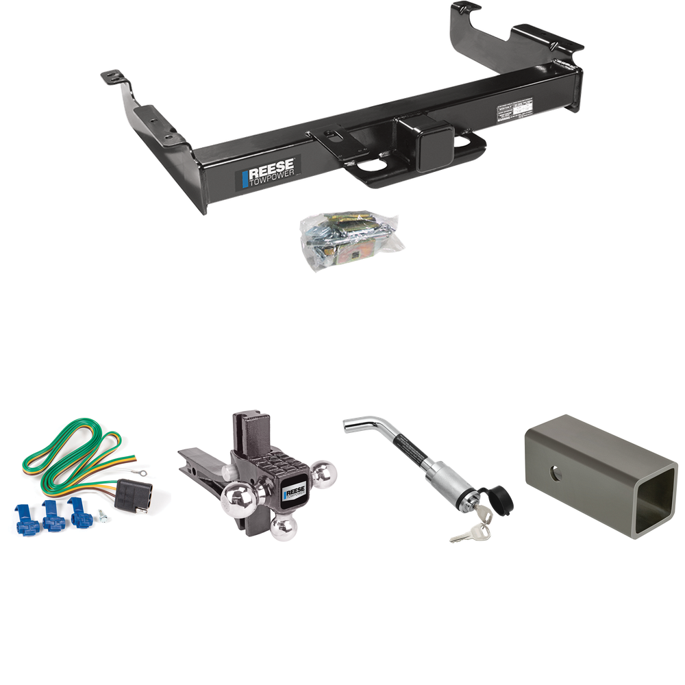 Fits 1996-1999 Chevrolet Express 2500 Trailer Hitch Tow PKG w/ 4-Flat Wiring Harness + 2-1/2" to 2" Adapter 6" Length + Adjustable Drop Rise Triple Ball Ball Mount 1-7/8" & 2" & 2-5/16" Trailer Balls + Hitch Lock By Reese Towpower