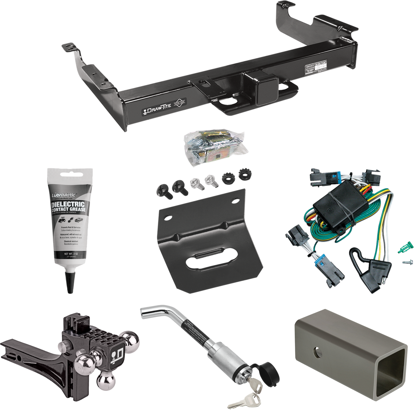 Fits 2000-2002 Chevrolet Express 3500 Trailer Hitch Tow PKG w/ 4-Flat Wiring Harness + 2-1/2" to 2" Adapter 6" Length + Adjustable Drop Rise Triple Ball Ball Mount 1-7/8" & 2" & 2-5/16" Trailer Balls + Hitch Lock + Wiring Bracket + Electric Grease By