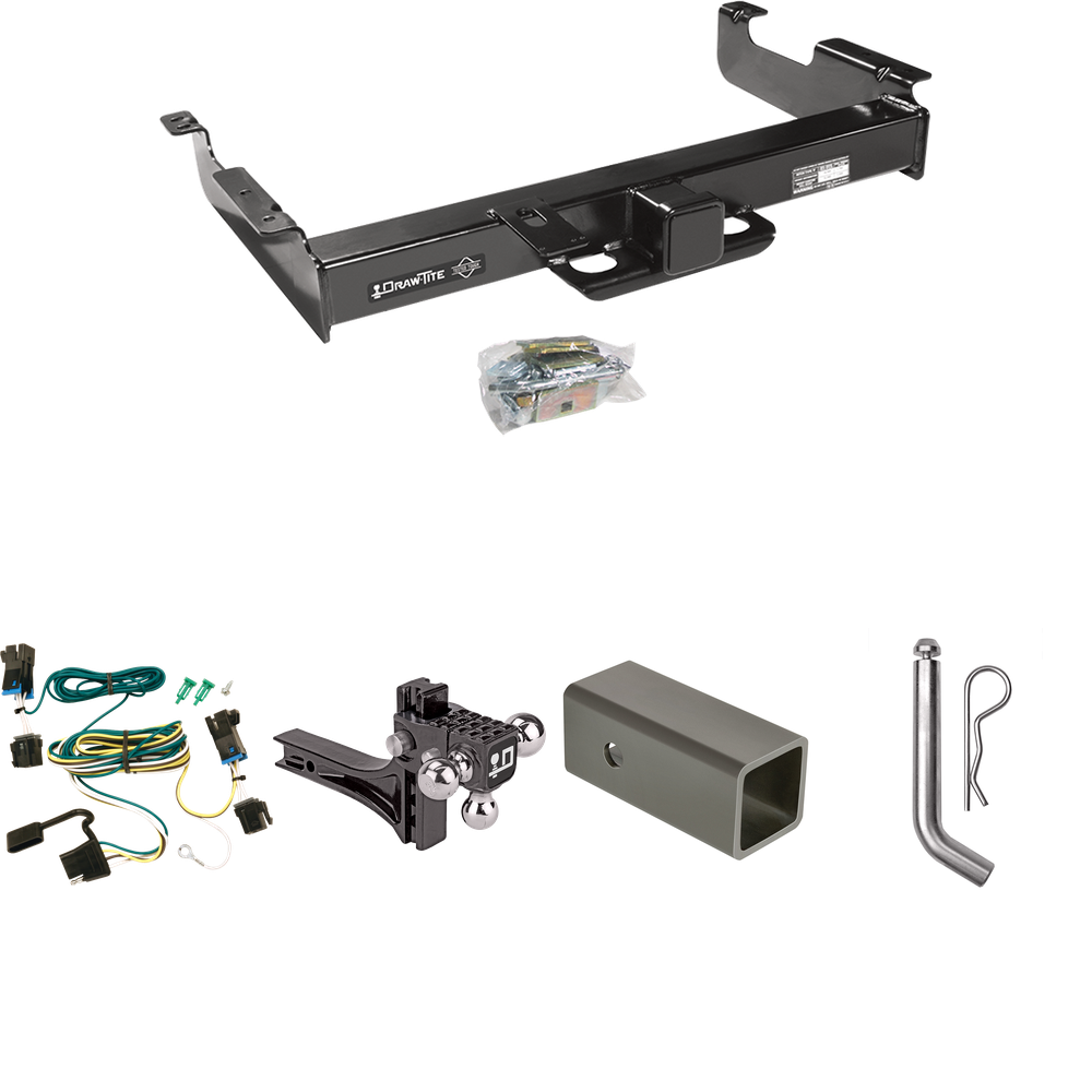 Fits 2003-2023 Chevrolet Express 2500 Trailer Hitch Tow PKG w/ 4-Flat Wiring Harness + 2-1/2" to 2" Adapter 6" Length + Adjustable Drop Rise Triple Ball Ball Mount 1-7/8" & 2" & 2-5/16" Trailer Balls + Pin/Clip By Draw-Tite