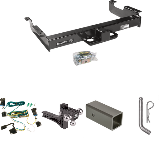 Fits 2003-2023 Chevrolet Express 2500 Trailer Hitch Tow PKG w/ 4-Flat Wiring Harness + 2-1/2" to 2" Adapter 6" Length + Adjustable Drop Rise Triple Ball Ball Mount 1-7/8" & 2" & 2-5/16" Trailer Balls + Pin/Clip By Draw-Tite