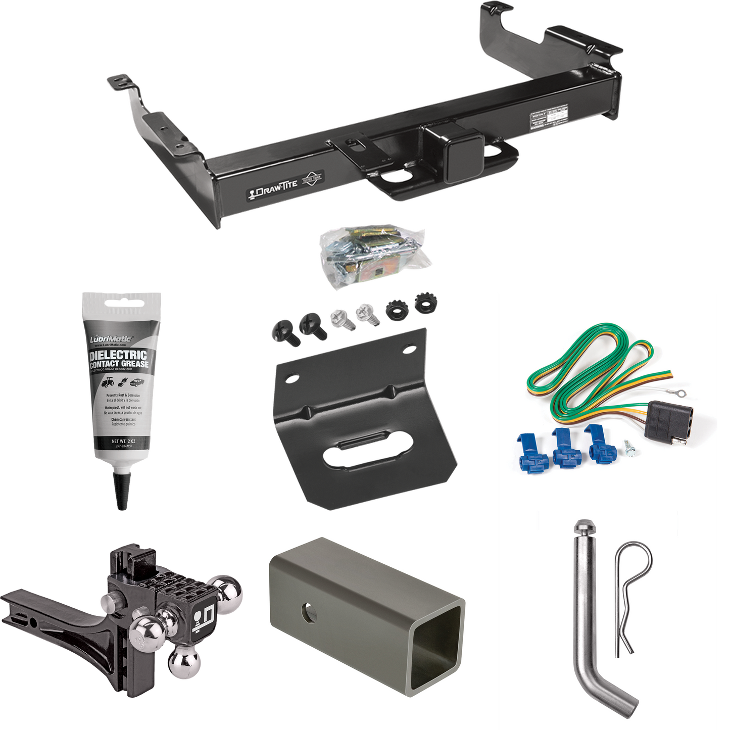 Fits 1996-1999 GMC Savana 3500 Trailer Hitch Tow PKG w/ 4-Flat Wiring Harness + 2-1/2" to 2" Adapter 6" Length + Adjustable Drop Rise Triple Ball Ball Mount 1-7/8" & 2" & 2-5/16" Trailer Balls + Pin/Clip + Wiring Bracket + Electric Grease By Draw-Tit