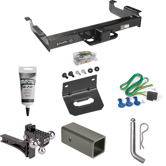 Fits 1996-1999 GMC Savana 3500 Trailer Hitch Tow PKG w/ 4-Flat Wiring Harness + 2-1/2" to 2" Adapter 6" Length + Adjustable Drop Rise Triple Ball Ball Mount 1-7/8" & 2" & 2-5/16" Trailer Balls + Pin/Clip + Wiring Bracket + Electric Grease By Draw-Tit