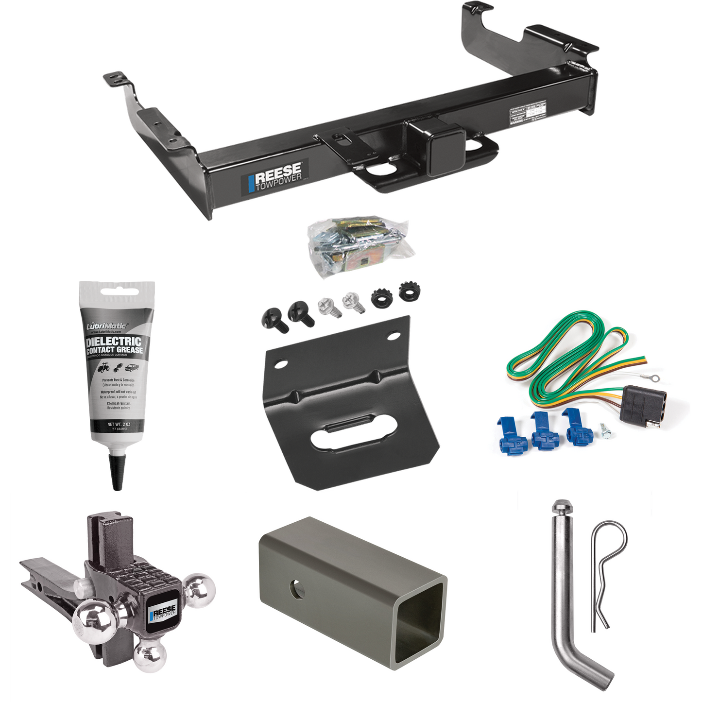 Fits 1996-1999 Chevrolet Express 3500 Trailer Hitch Tow PKG w/ 4-Flat Wiring Harness + 2-1/2" to 2" Adapter 6" Length + Adjustable Drop Rise Triple Ball Ball Mount 1-7/8" & 2" & 2-5/16" Trailer Balls + Pin/Clip + Wiring Bracket + Electric Grease By R