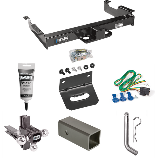 Fits 1996-1999 Chevrolet Express 3500 Trailer Hitch Tow PKG w/ 4-Flat Wiring Harness + 2-1/2" to 2" Adapter 6" Length + Adjustable Drop Rise Triple Ball Ball Mount 1-7/8" & 2" & 2-5/16" Trailer Balls + Pin/Clip + Wiring Bracket + Electric Grease By R