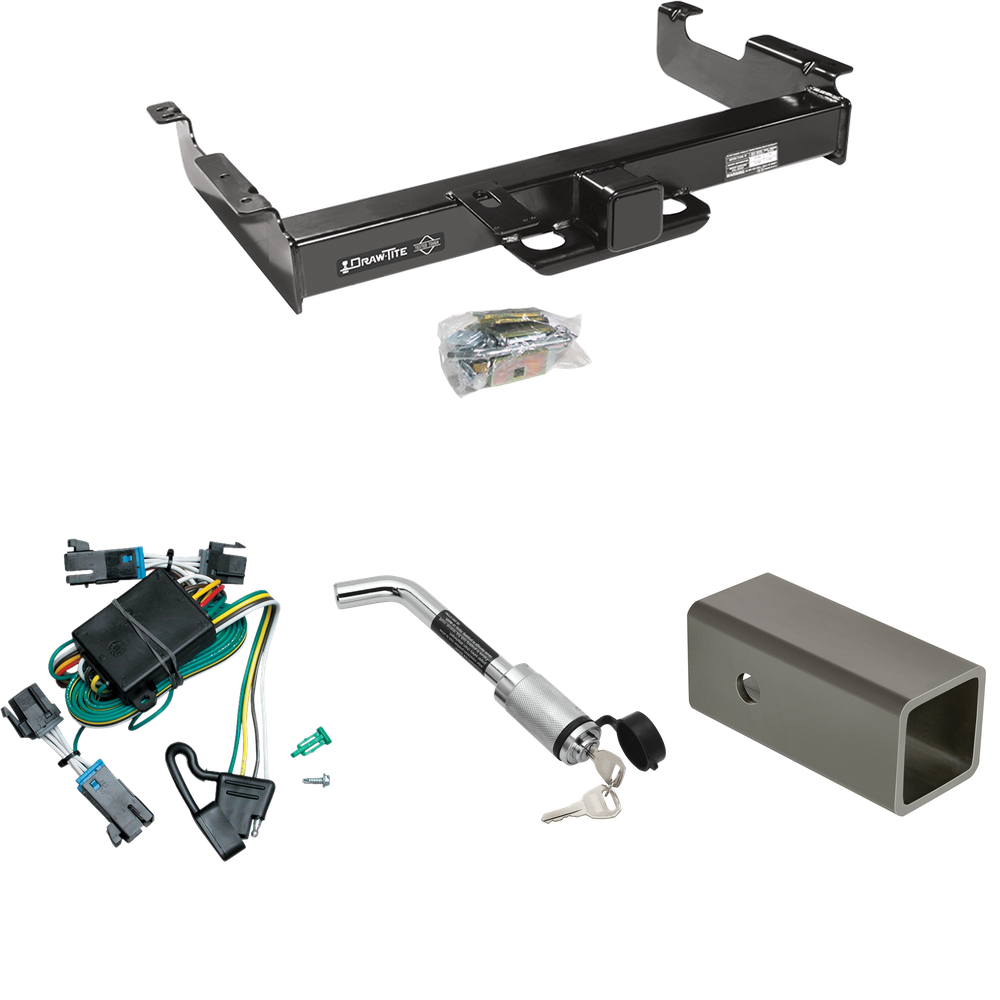 Fits 2000-2002 GMC Savana 2500 Trailer Hitch Tow PKG w/ 4-Flat Wiring Harness + 2-1/2" to 2" Adapter 6" Length + Hitch Lock By Draw-Tite