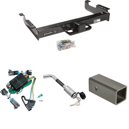 Fits 2000-2002 GMC Savana 2500 Trailer Hitch Tow PKG w/ 4-Flat Wiring Harness + 2-1/2" to 2" Adapter 6" Length + Hitch Lock By Draw-Tite