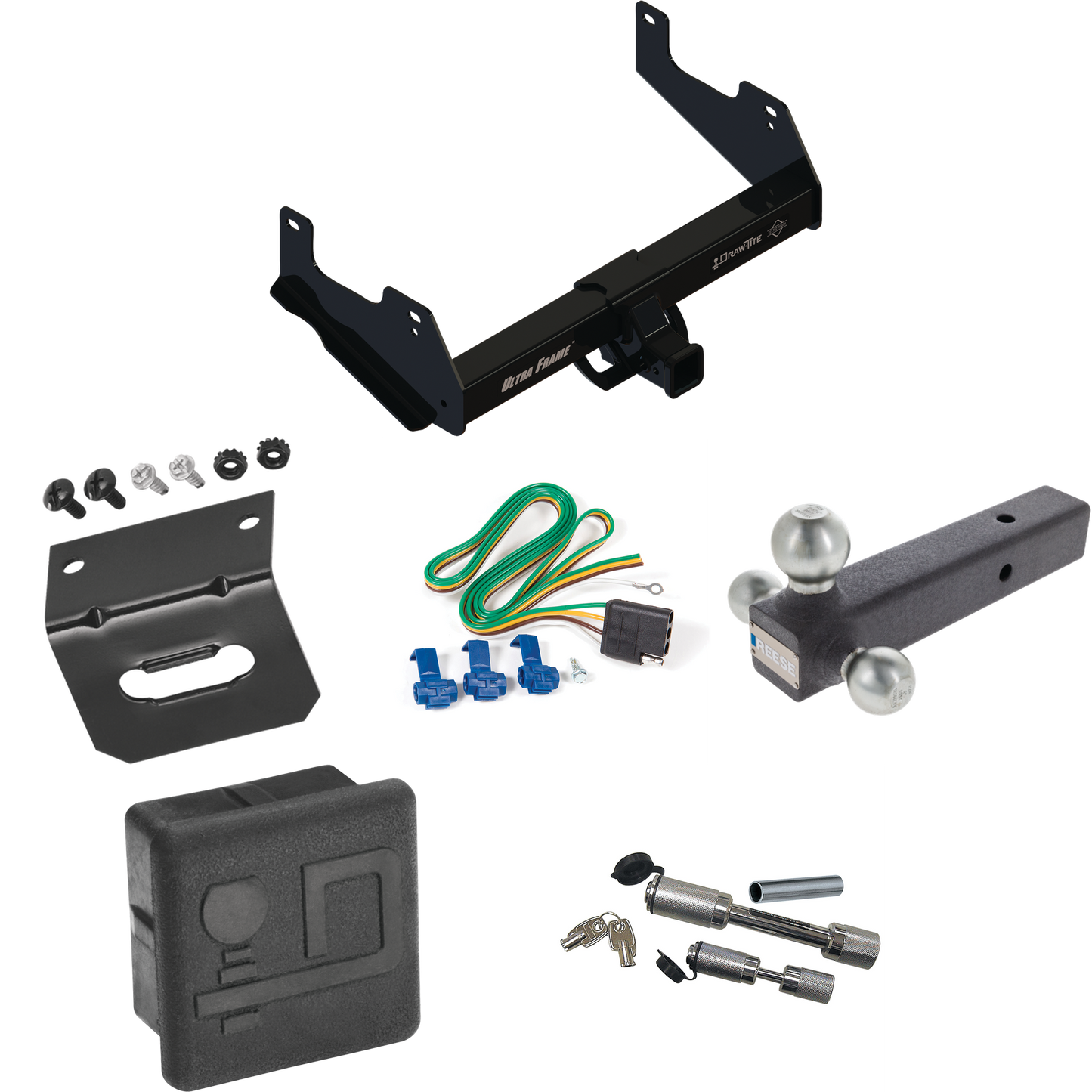 Fits 2015-2023 Ford F-150 Trailer Hitch Tow PKG w/ 4-Flat Wiring Harness + Triple Ball Ball Mount 1-7/8" & 2" & 2-5/16" Trailer Balls + Dual Hitch & Coupler Locks + Hitch Cover + Wiring Bracket By Draw-Tite