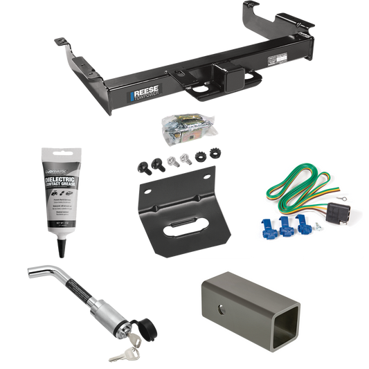 Fits 1996-1999 Chevrolet Express 3500 Trailer Hitch Tow PKG w/ 4-Flat Wiring Harness + 2-1/2" to 2" Adapter 6" Length + Hitch Lock + Wiring Bracket + Electric Grease By Reese Towpower