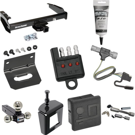 Fits 1987-1996 Ford F-350 Trailer Hitch Tow PKG w/ 4-Flat Wiring Harness + Triple Ball Ball Mount 1-7/8" & 2" & 2-5/16" Trailer Balls + Dual Hitch & Coupler Locks + Hitch Cover + Wiring Bracket + Wiring Tester + Electric Grease + Anti Rattle Device B