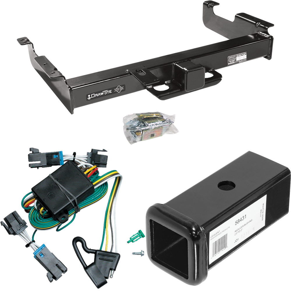 Fits 2000-2002 Chevrolet Express 2500 Trailer Hitch Tow PKG w/ 4-Flat Wiring Harness + 2-1/2" to 2" Adapter 7" Length By Draw-Tite