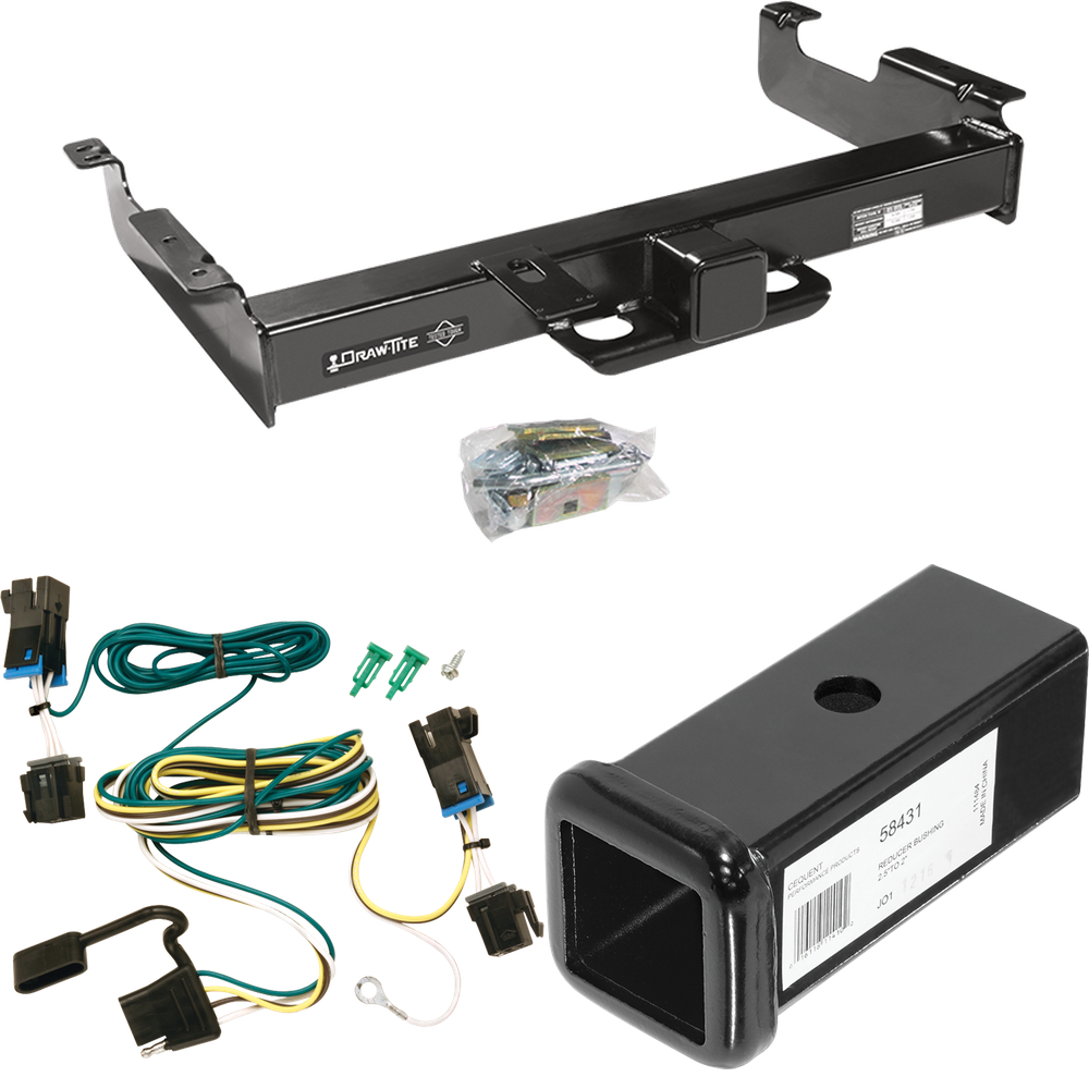 Fits 2003-2023 GMC Savana 2500 Trailer Hitch Tow PKG w/ 4-Flat Wiring Harness + 2-1/2" to 2" Adapter 7" Length By Draw-Tite