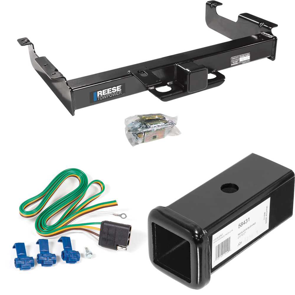 Fits 1996-1999 GMC Savana 3500 Trailer Hitch Tow PKG w/ 4-Flat Wiring Harness + 2-1/2" to 2" Adapter 7" Length By Reese Towpower