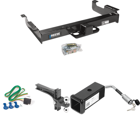 Fits 1996-1999 GMC Savana 2500 Trailer Hitch Tow PKG w/ 4-Flat Wiring Harness + 2-1/2" to 2" Adapter 7" Length + Adjustable Drop Rise Dual Ball Ball Mount 2" & 2-5/16" Trailer Balls + Hitch Lock By Reese Towpower