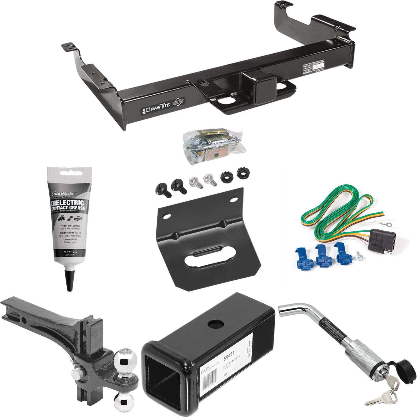 Fits 1996-1999 Chevrolet Express 3500 Trailer Hitch Tow PKG w/ 4-Flat Wiring Harness + 2-1/2" to 2" Adapter 7" Length + Adjustable Drop Rise Dual Ball Ball Mount 2" & 2-5/16" Trailer Balls + Hitch Lock + Wiring Bracket + Electric Grease By Draw-Tite