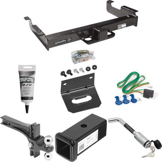 Fits 1996-1999 Chevrolet Express 3500 Trailer Hitch Tow PKG w/ 4-Flat Wiring Harness + 2-1/2" to 2" Adapter 7" Length + Adjustable Drop Rise Dual Ball Ball Mount 2" & 2-5/16" Trailer Balls + Hitch Lock + Wiring Bracket + Electric Grease By Draw-Tite