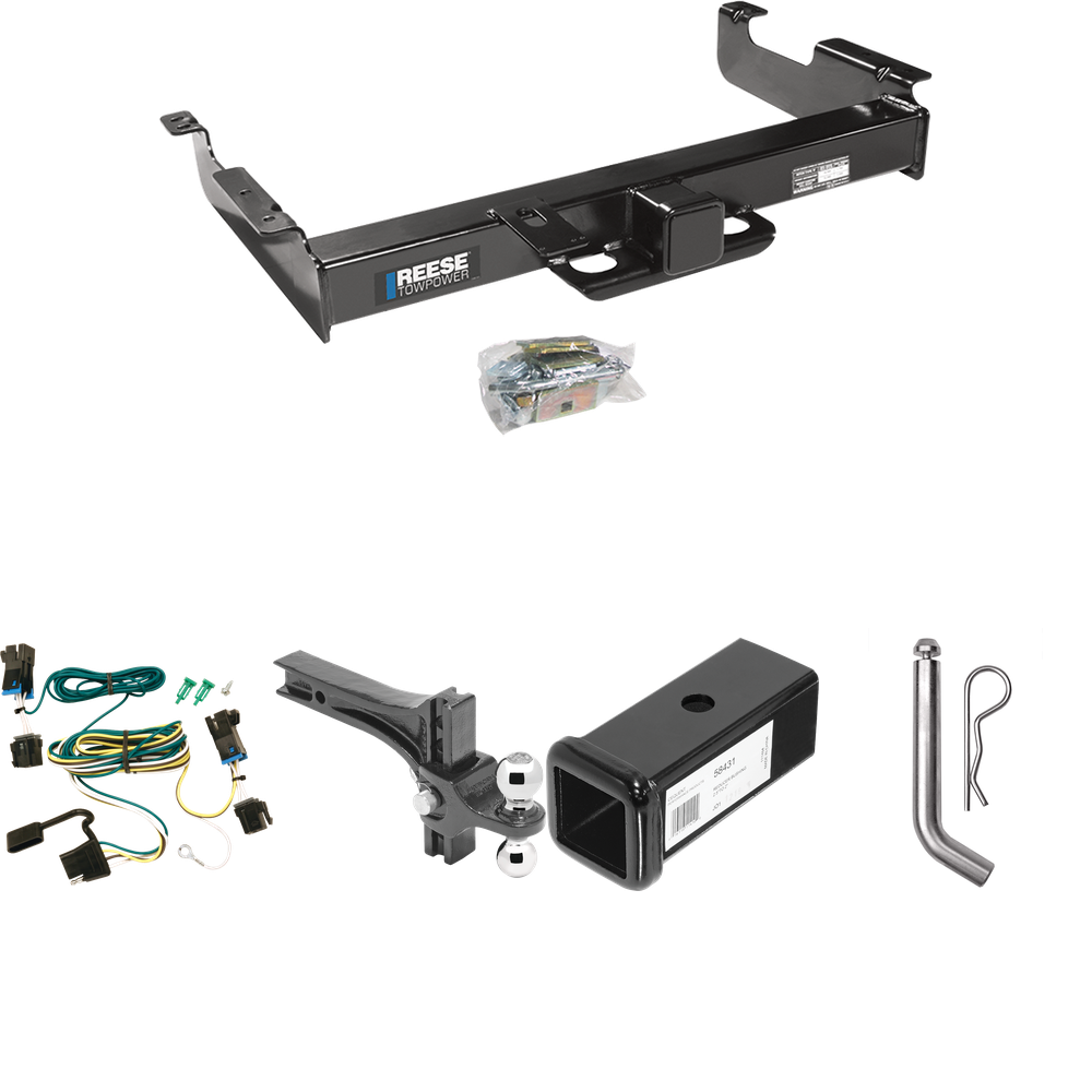 Fits 2003-2023 Chevrolet Express 3500 Trailer Hitch Tow PKG w/ 4-Flat Wiring Harness + 2-1/2" to 2" Adapter 7" Length + Adjustable Drop Rise Dual Ball Ball Mount 2" & 2-5/16" Trailer Balls + Pin/Clip By Reese Towpower