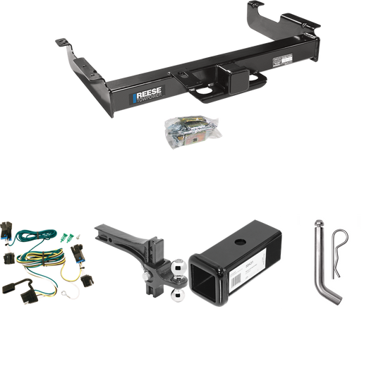 Fits 2003-2023 Chevrolet Express 3500 Trailer Hitch Tow PKG w/ 4-Flat Wiring Harness + 2-1/2" to 2" Adapter 7" Length + Adjustable Drop Rise Dual Ball Ball Mount 2" & 2-5/16" Trailer Balls + Pin/Clip By Reese Towpower