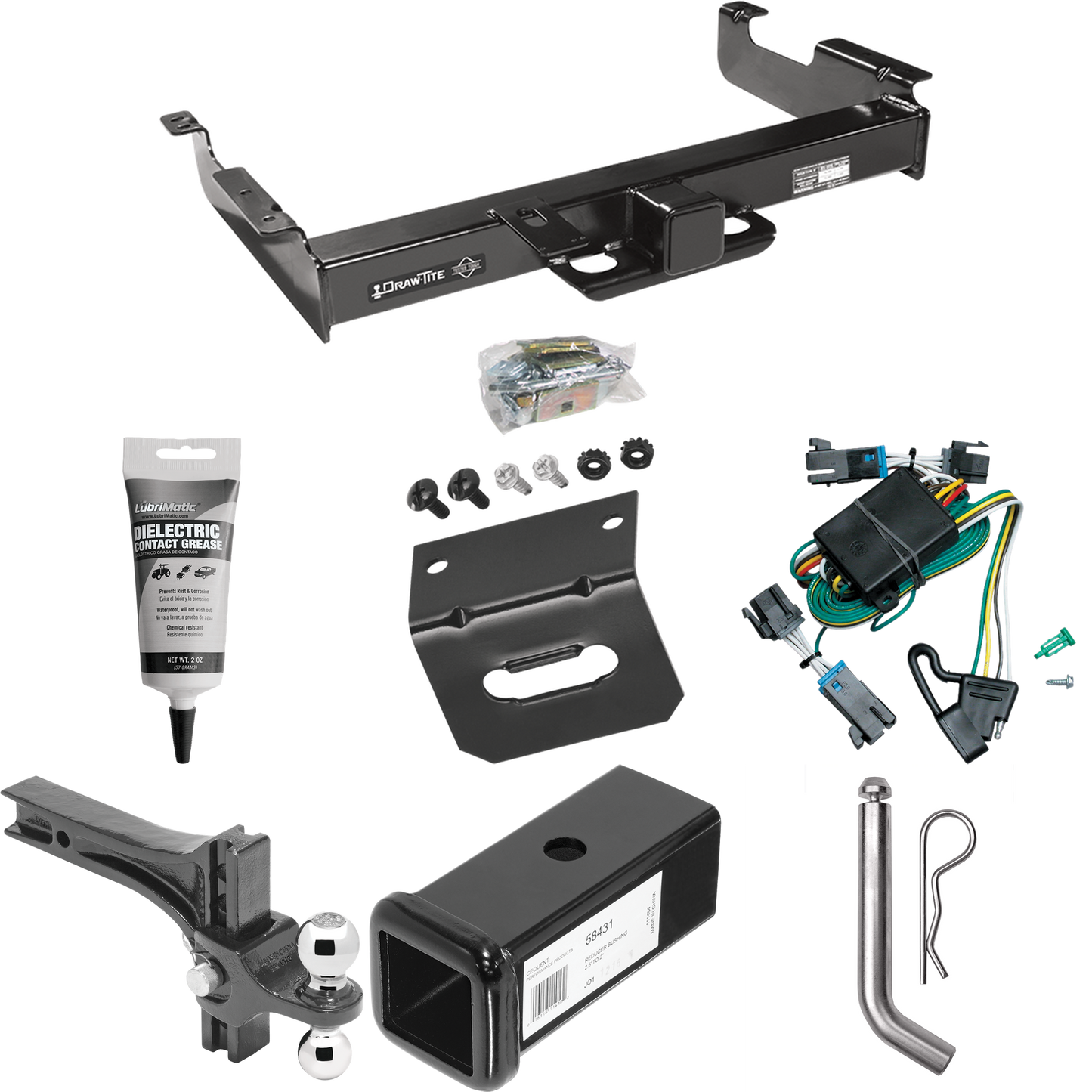 Fits 2000-2002 Chevrolet Express 3500 Trailer Hitch Tow PKG w/ 4-Flat Wiring Harness + 2-1/2" to 2" Adapter 7" Length + Adjustable Drop Rise Dual Ball Ball Mount 2" & 2-5/16" Trailer Balls + Pin/Clip + Wiring Bracket + Electric Grease By Draw-Tite