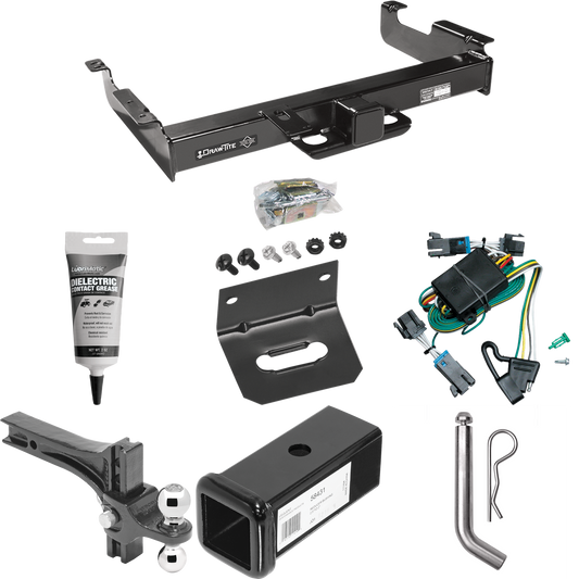 Fits 2000-2002 GMC Savana 3500 Trailer Hitch Tow PKG w/ 4-Flat Wiring Harness + 2-1/2" to 2" Adapter 7" Length + Adjustable Drop Rise Dual Ball Ball Mount 2" & 2-5/16" Trailer Balls + Pin/Clip + Wiring Bracket + Electric Grease By Draw-Tite