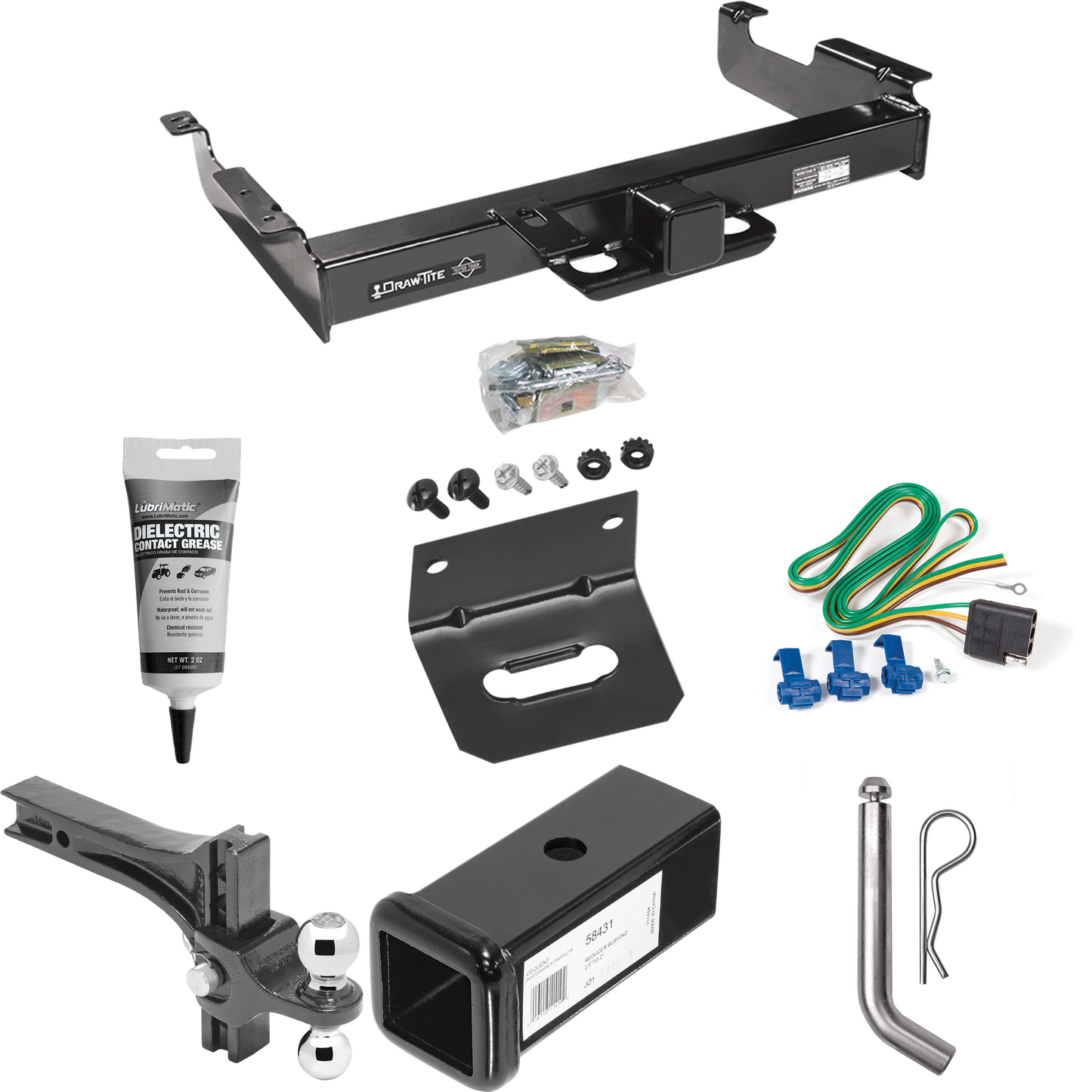 Fits 1996-1999 GMC Savana 3500 Trailer Hitch Tow PKG w/ 4-Flat Wiring Harness + 2-1/2" to 2" Adapter 7" Length + Adjustable Drop Rise Dual Ball Ball Mount 2" & 2-5/16" Trailer Balls + Pin/Clip + Wiring Bracket + Electric Grease By Draw-Tite