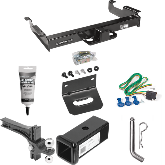 Fits 1996-1999 GMC Savana 3500 Trailer Hitch Tow PKG w/ 4-Flat Wiring Harness + 2-1/2" to 2" Adapter 7" Length + Adjustable Drop Rise Dual Ball Ball Mount 2" & 2-5/16" Trailer Balls + Pin/Clip + Wiring Bracket + Electric Grease By Draw-Tite