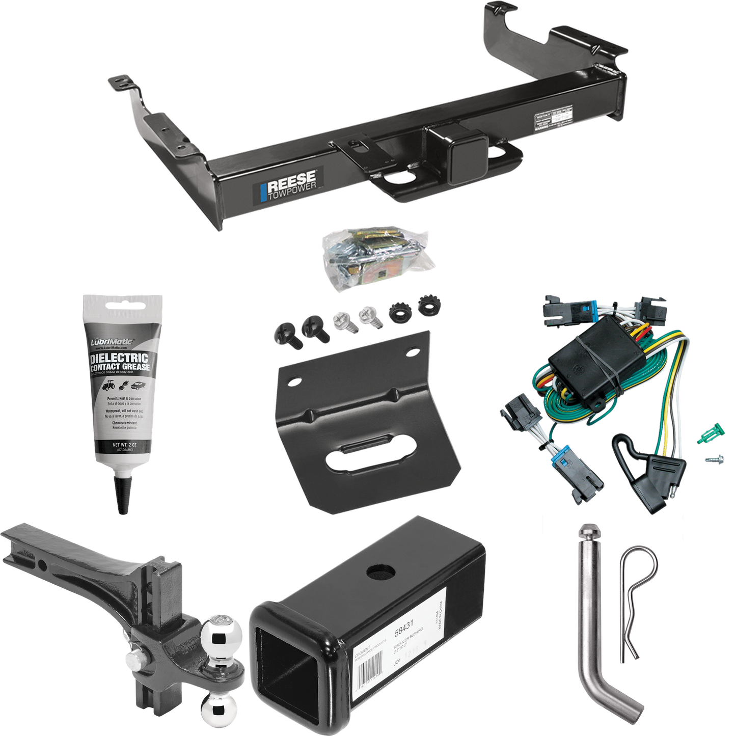 Fits 2000-2002 GMC Savana 2500 Trailer Hitch Tow PKG w/ 4-Flat Wiring Harness + 2-1/2" to 2" Adapter 7" Length + Adjustable Drop Rise Dual Ball Ball Mount 2" & 2-5/16" Trailer Balls + Pin/Clip + Wiring Bracket + Electric Grease By Reese Towpower