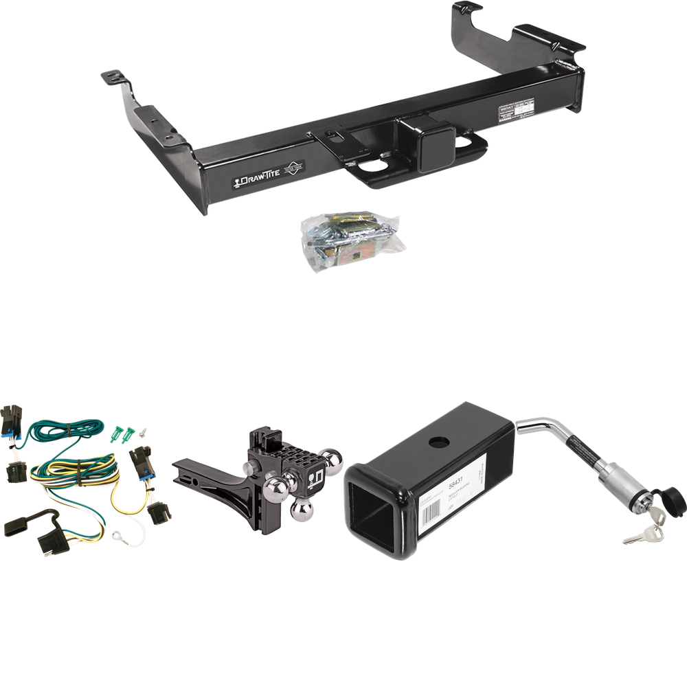 Fits 2003-2023 GMC Savana 3500 Trailer Hitch Tow PKG w/ 4-Flat Wiring Harness + 2-1/2" to 2" Adapter 7" Length + Adjustable Drop Rise Triple Ball Ball Mount 1-7/8" & 2" & 2-5/16" Trailer Balls + Hitch Lock By Draw-Tite