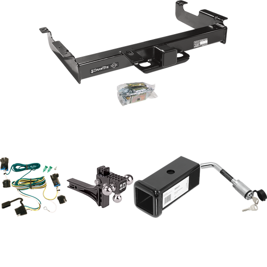 Fits 2003-2023 GMC Savana 3500 Trailer Hitch Tow PKG w/ 4-Flat Wiring Harness + 2-1/2" to 2" Adapter 7" Length + Adjustable Drop Rise Triple Ball Ball Mount 1-7/8" & 2" & 2-5/16" Trailer Balls + Hitch Lock By Draw-Tite