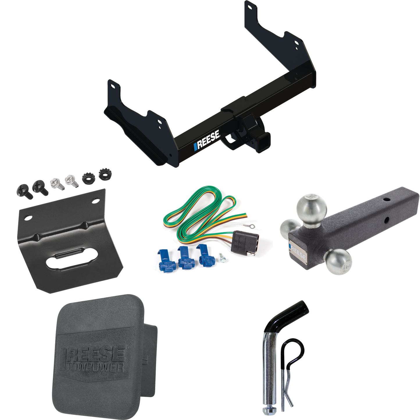 Fits 2015-2023 Ford F-150 Trailer Hitch Tow PKG w/ 4-Flat Wiring Harness + Triple Ball Ball Mount 1-7/8" & 2" & 2-5/16" Trailer Balls + Pin/Clip + Hitch Cover + Wiring Bracket By Reese Towpower