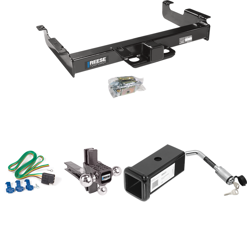 Fits 1996-1999 GMC Savana 2500 Trailer Hitch Tow PKG w/ 4-Flat Wiring Harness + 2-1/2" to 2" Adapter 7" Length + Adjustable Drop Rise Triple Ball Ball Mount 1-7/8" & 2" & 2-5/16" Trailer Balls + Hitch Lock By Reese Towpower