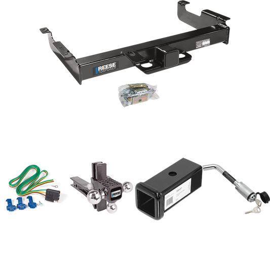 Fits 1996-1999 GMC Savana 2500 Trailer Hitch Tow PKG w/ 4-Flat Wiring Harness + 2-1/2" to 2" Adapter 7" Length + Adjustable Drop Rise Triple Ball Ball Mount 1-7/8" & 2" & 2-5/16" Trailer Balls + Hitch Lock By Reese Towpower