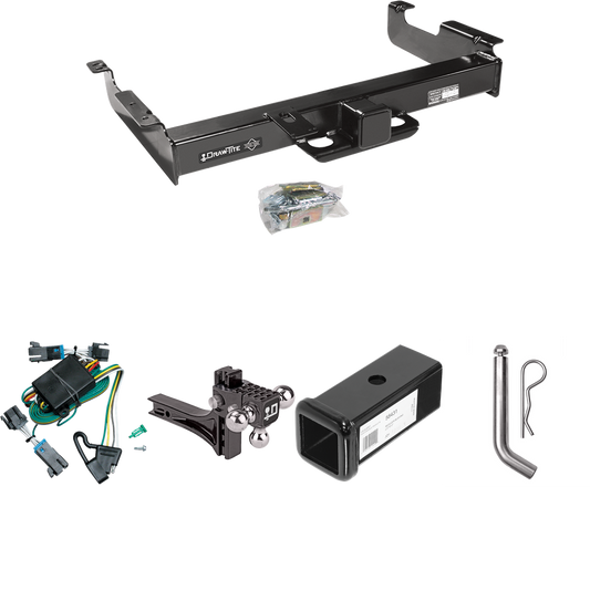 Fits 2000-2002 Chevrolet Express 2500 Trailer Hitch Tow PKG w/ 4-Flat Wiring Harness + 2-1/2" to 2" Adapter 7" Length + Adjustable Drop Rise Triple Ball Ball Mount 1-7/8" & 2" & 2-5/16" Trailer Balls + Pin/Clip By Draw-Tite