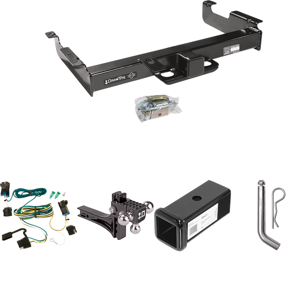 Fits 2003-2023 Chevrolet Express 2500 Trailer Hitch Tow PKG w/ 4-Flat Wiring Harness + 2-1/2" to 2" Adapter 7" Length + Adjustable Drop Rise Triple Ball Ball Mount 1-7/8" & 2" & 2-5/16" Trailer Balls + Pin/Clip By Draw-Tite