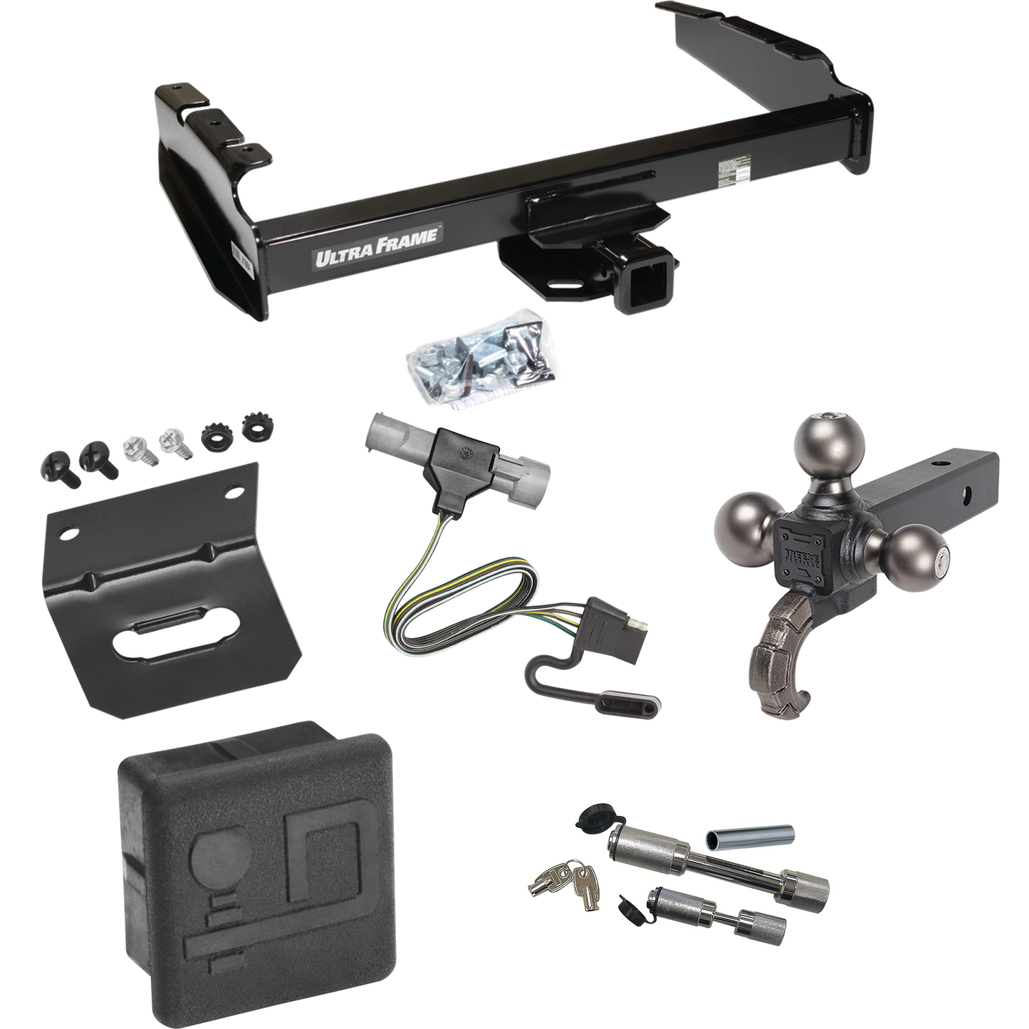 Fits 1997-1997 Ford F-350 Trailer Hitch Tow PKG w/ 4-Flat Wiring Harness + Triple Ball Ball Mount 1-7/8" & 2" & 2-5/16" Trailer Balls w/ Tow Hook + Dual Hitch & Coupler Locks + Hitch Cover + Wiring Bracket (For Heavy Duty Models) By Draw-Tite