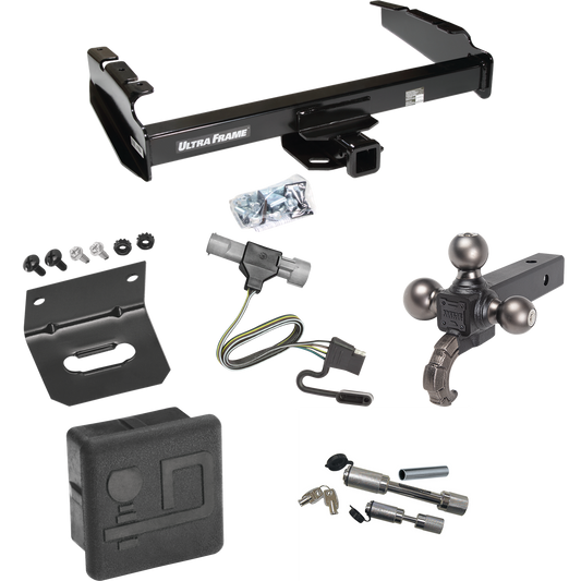 Fits 1997-1997 Ford F-350 Trailer Hitch Tow PKG w/ 4-Flat Wiring Harness + Triple Ball Ball Mount 1-7/8" & 2" & 2-5/16" Trailer Balls w/ Tow Hook + Dual Hitch & Coupler Locks + Hitch Cover + Wiring Bracket (For Heavy Duty Models) By Draw-Tite