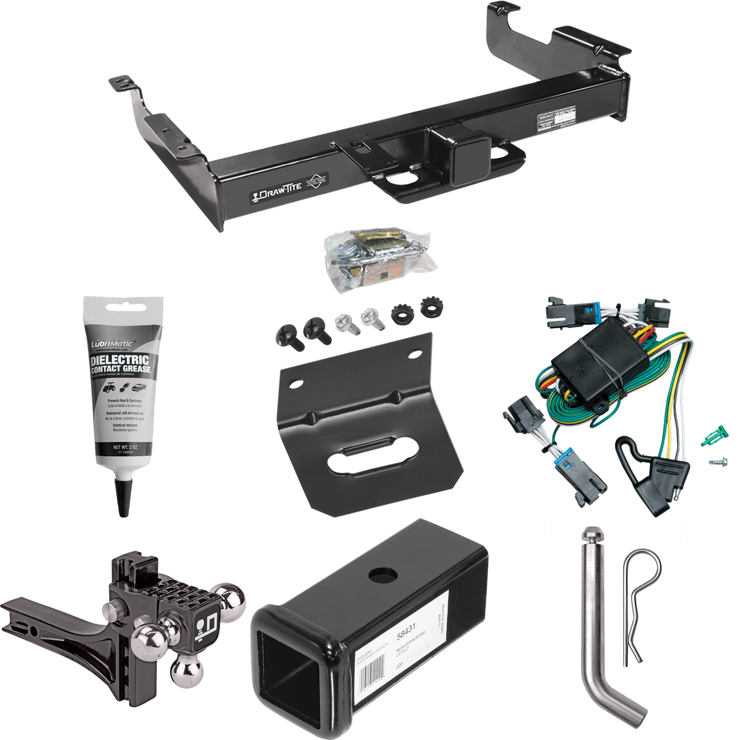 Fits 2000-2002 GMC Savana 3500 Trailer Hitch Tow PKG w/ 4-Flat Wiring Harness + 2-1/2" to 2" Adapter 7" Length + Adjustable Drop Rise Triple Ball Ball Mount 1-7/8" & 2" & 2-5/16" Trailer Balls + Pin/Clip + Wiring Bracket + Electric Grease By Draw-Tit