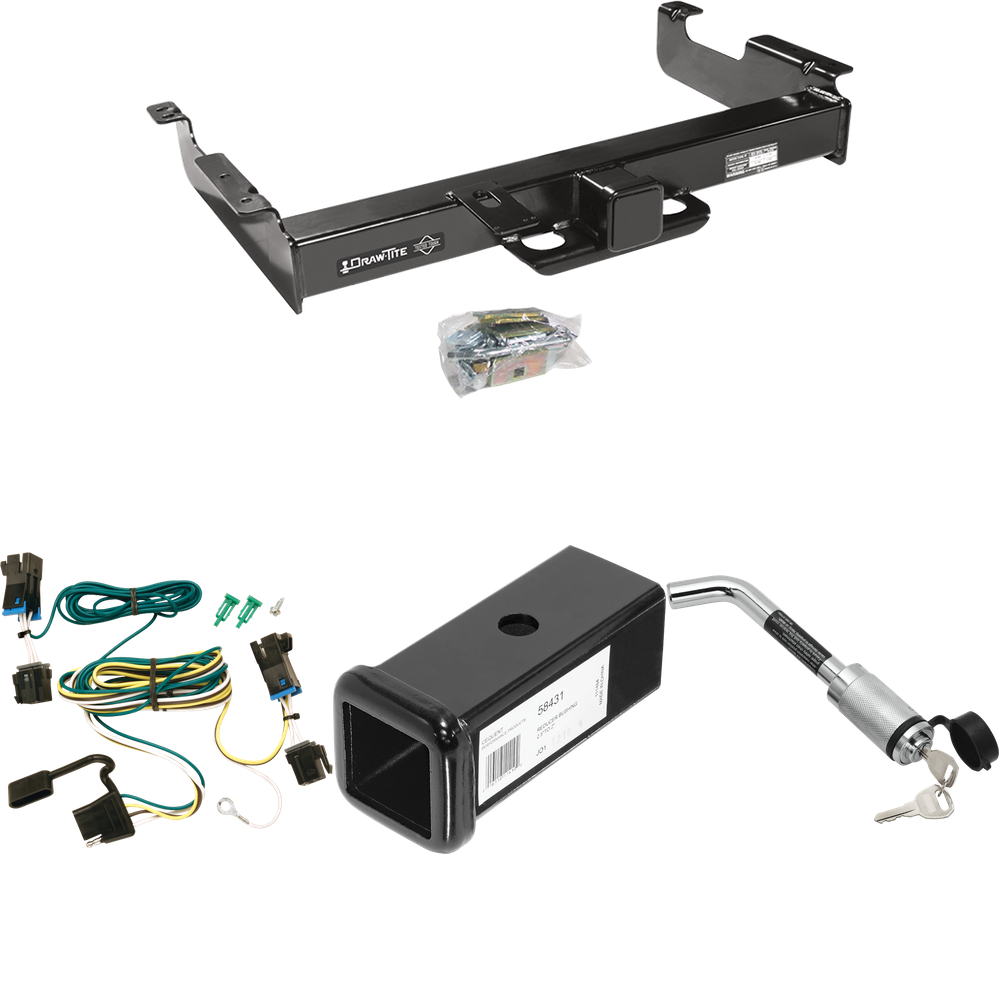 Se adapta al paquete de enganche de remolque Chevrolet Express 2500 2003-2023 con arnés de cableado plano de 4 + adaptador de 2-1/2" a 2" de 7" de largo + bloqueo de enganche de Draw-Tite