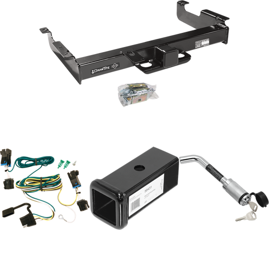 Se adapta al paquete de enganche de remolque Chevrolet Express 2500 2003-2023 con arnés de cableado plano de 4 + adaptador de 2-1/2" a 2" de 7" de largo + bloqueo de enganche de Draw-Tite